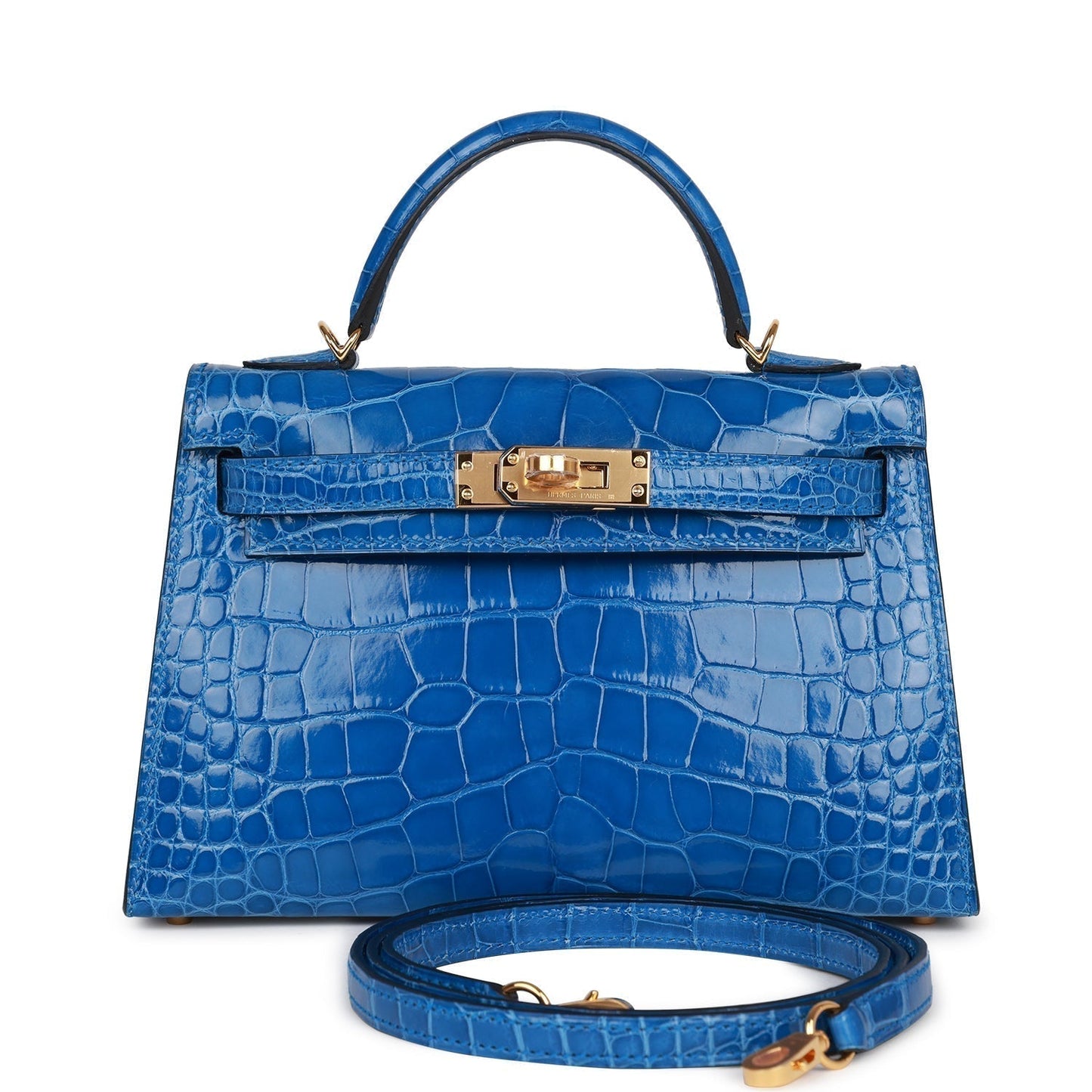 Luxury Hermes Kelly Sellier 20 Bleu Zellige Shiny Alligator Gold Hardware