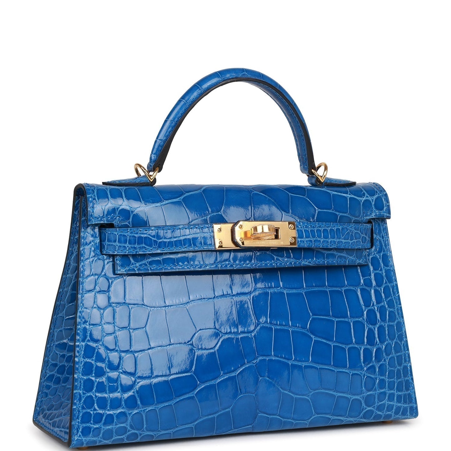 Luxury Hermes Kelly Sellier 20 Bleu Zellige Shiny Alligator Gold Hardware