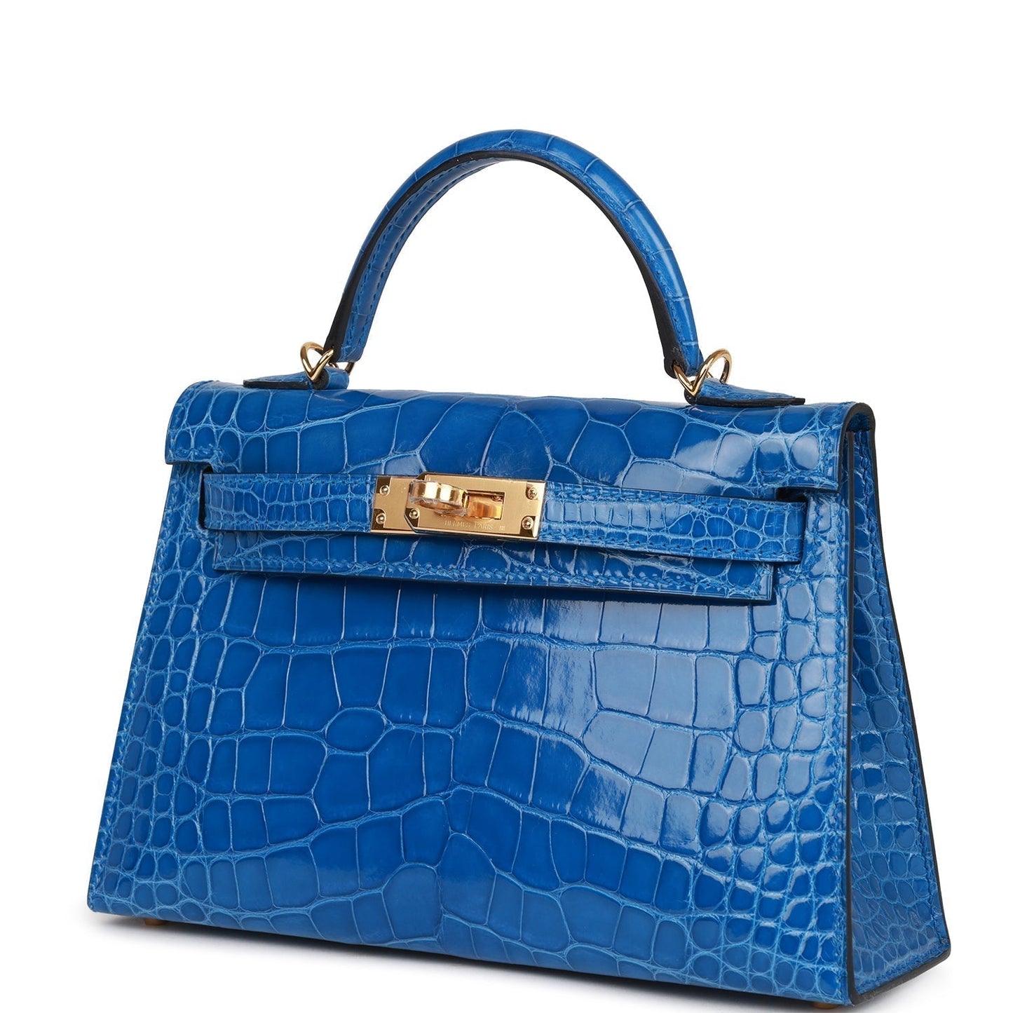 Luxury Hermes Kelly Sellier 20 Bleu Zellige Shiny Alligator Gold Hardware