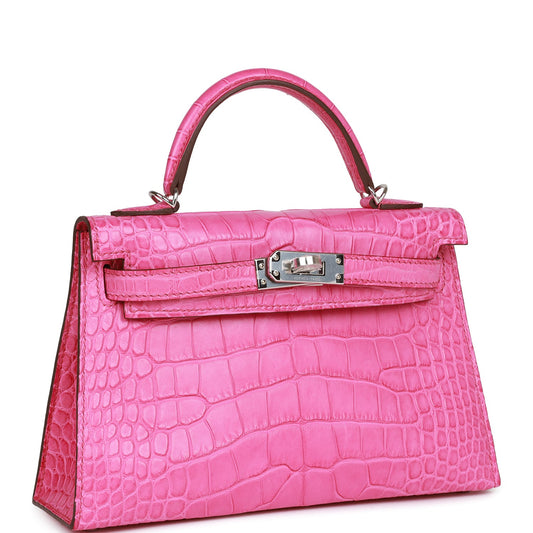 Luxury Hermes Kelly Sellier 20 Rose Shocking Matte Alligator Palladium Hardware