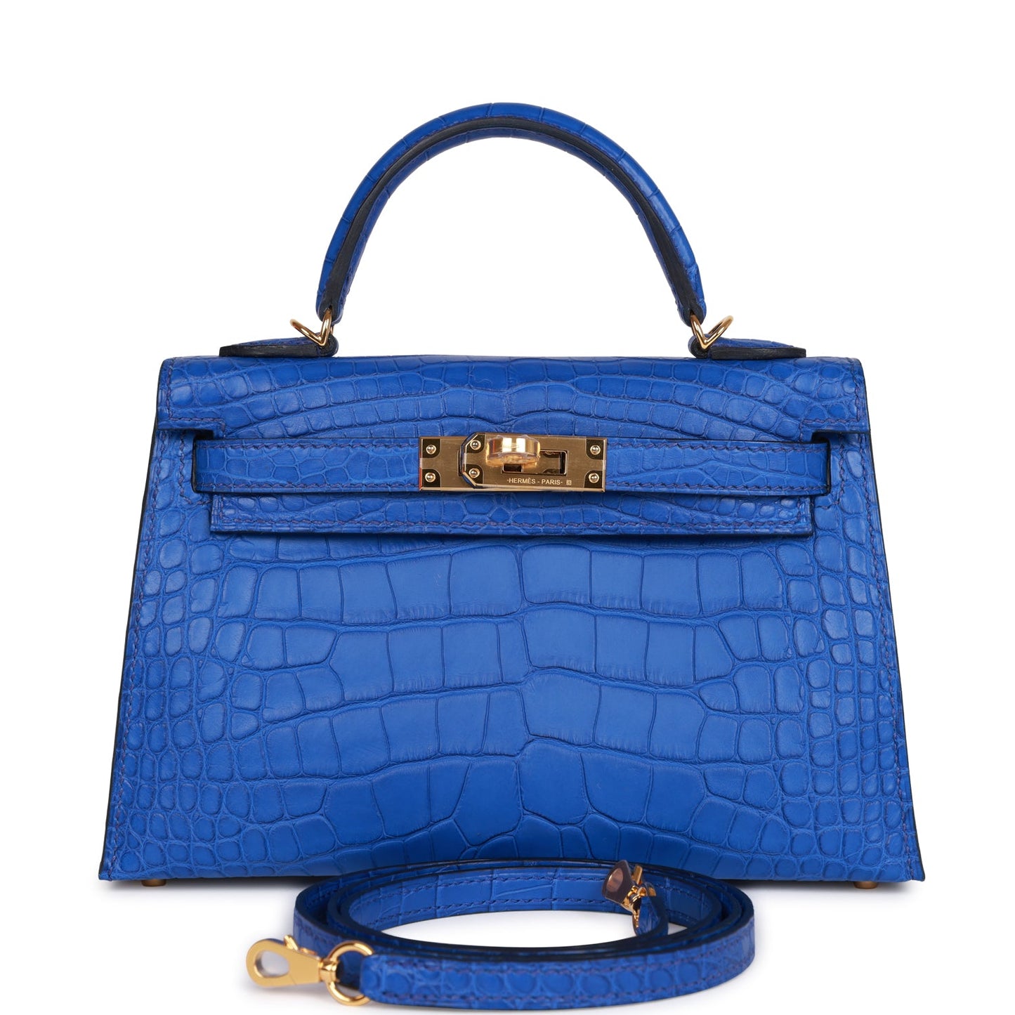 Luxury Hermes Kelly Sellier 20 Bleu Royal Matte Alligator Gold Hardware
