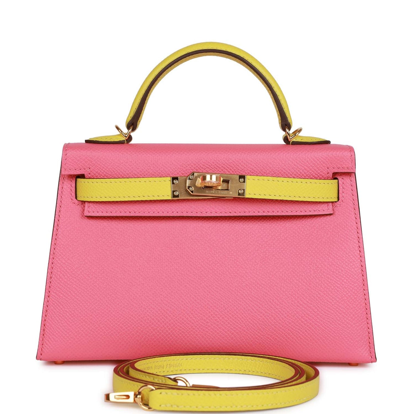 Luxury Hermes Special Order (HSS) Kelly Sellier 20 Rose Azalee and Lime Epsom Gold Hardware
