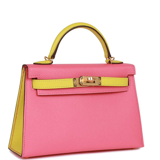 Luxury Hermes Special Order (HSS) Kelly Sellier 20 Rose Azalee and Lime Epsom Gold Hardware