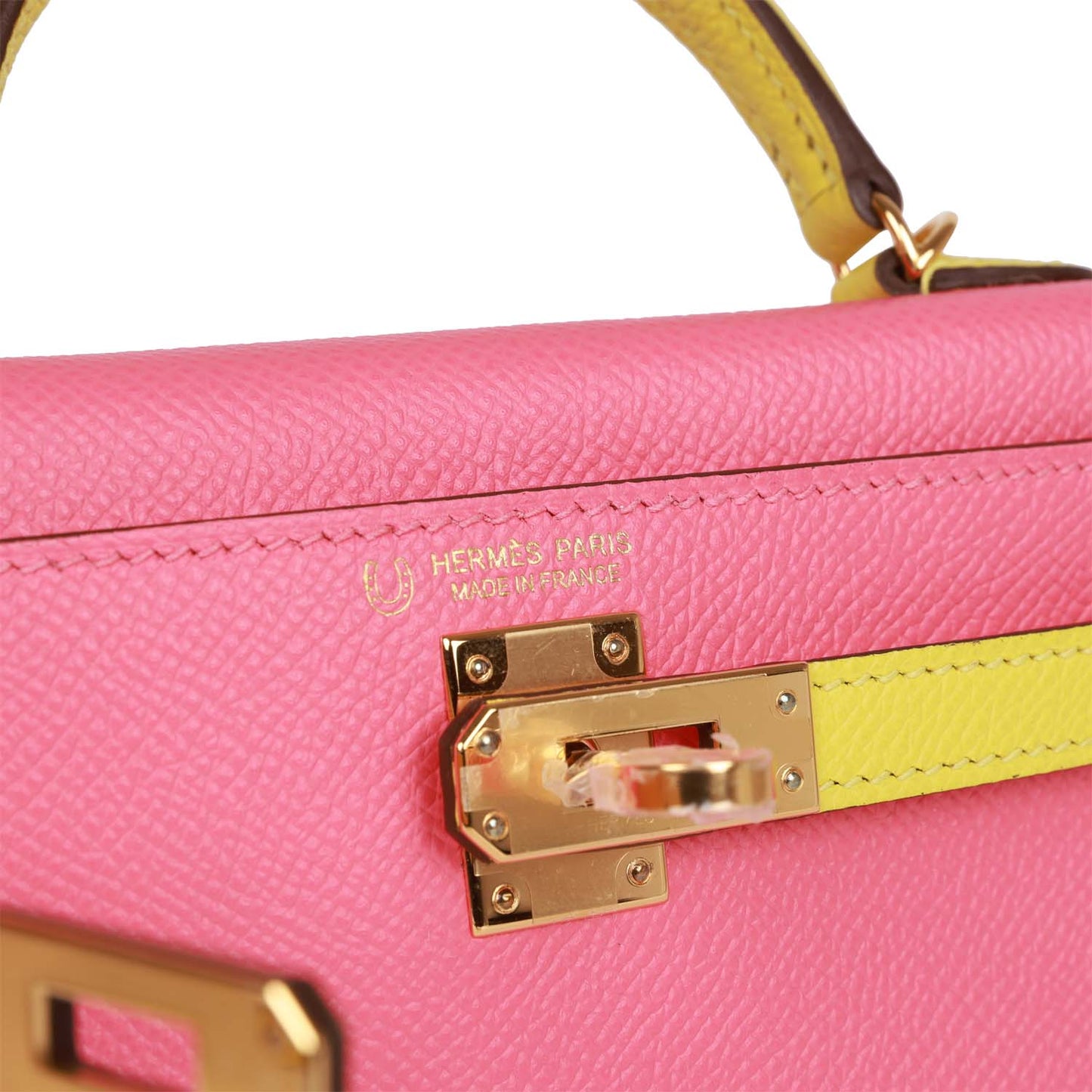 Luxury Hermes Special Order (HSS) Kelly Sellier 20 Rose Azalee and Lime Epsom Gold Hardware