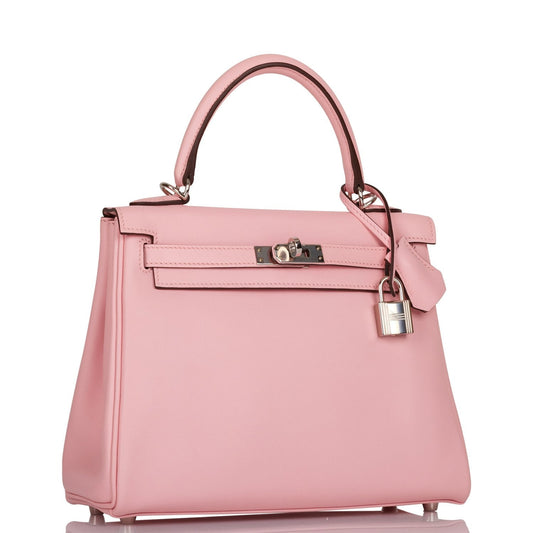 Luxury Hermes Kelly Retourne 25 Rose Sakura Swift Palladium Hardware