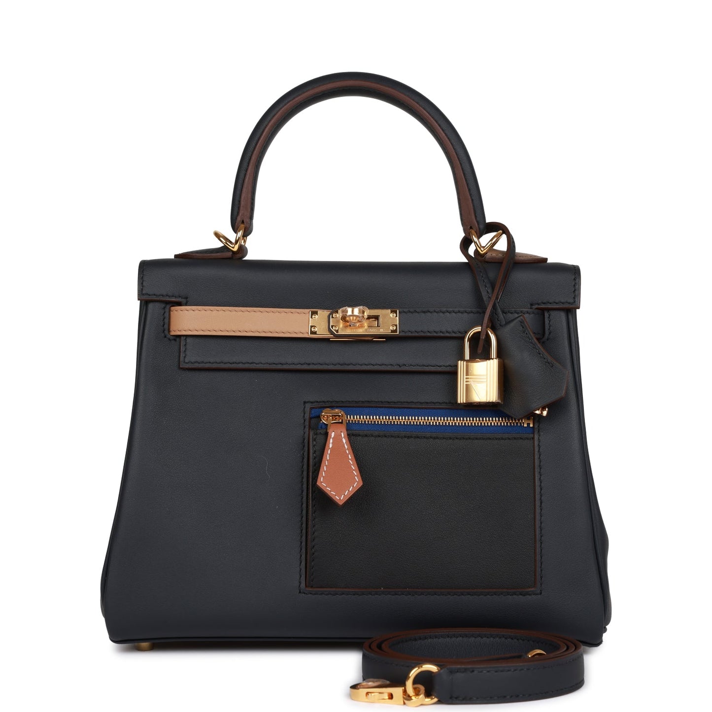 Luxury Hermes Colormatic Kelly Retourne 25 Caban, Black and Chai Swift Gold Hardware