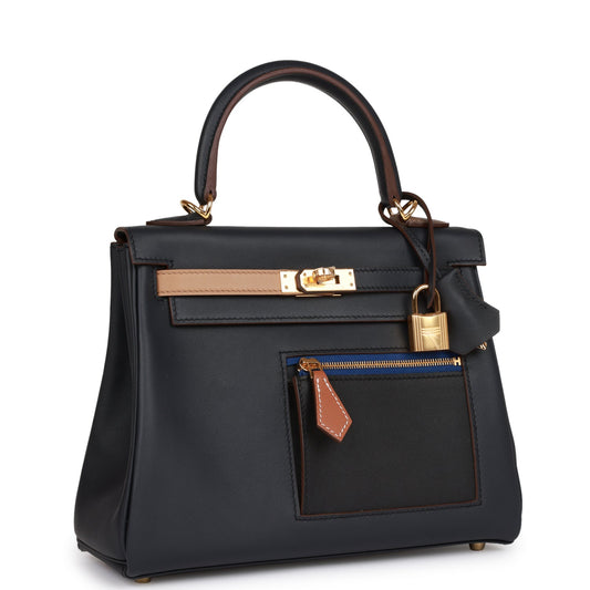Luxury Hermes Colormatic Kelly Retourne 25 Caban, Black and Chai Swift Gold Hardware