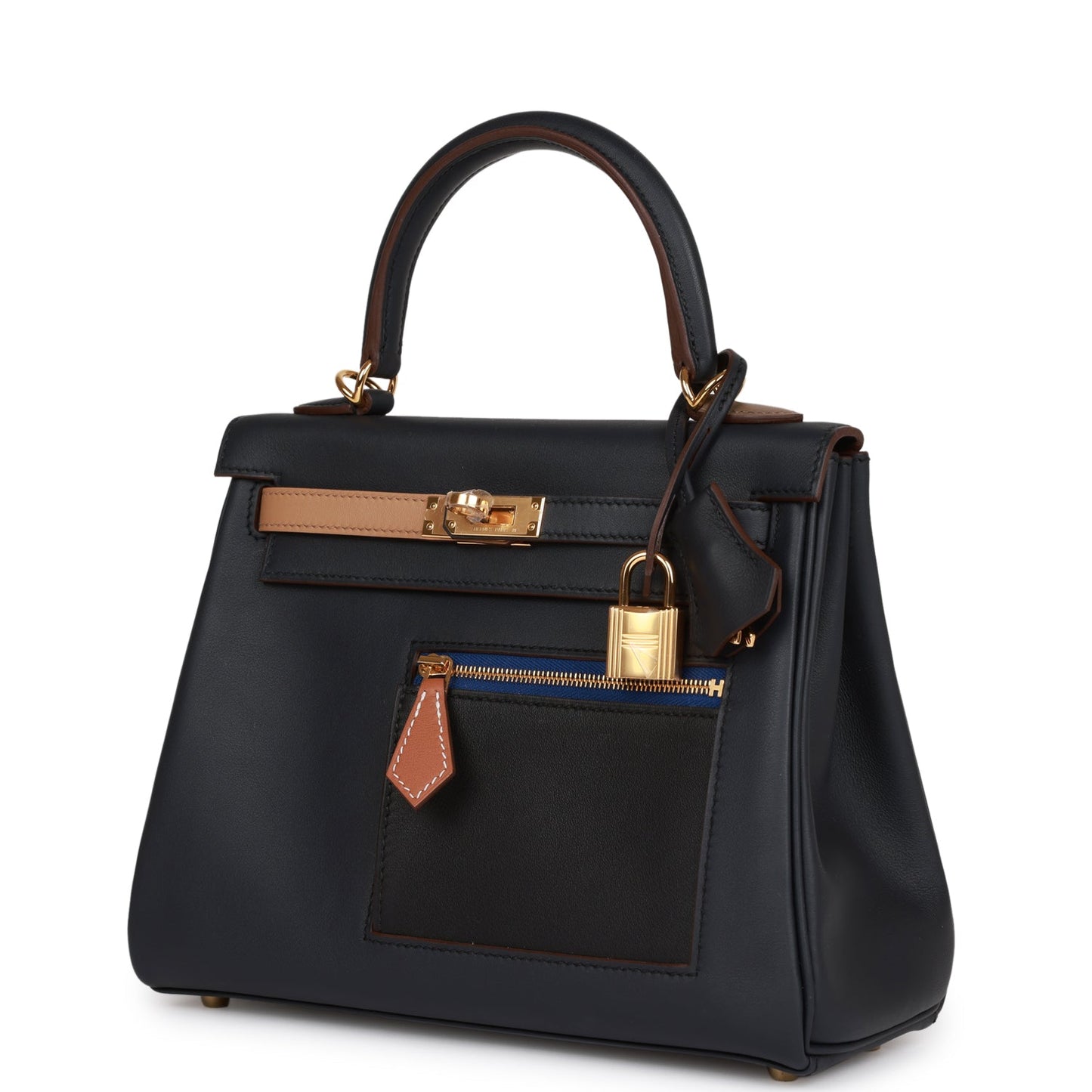 Luxury Hermes Colormatic Kelly Retourne 25 Caban, Black and Chai Swift Gold Hardware