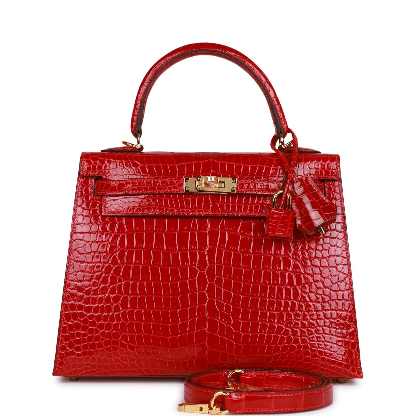 Luxury Hermes Kelly Sellier 25 Braise Shiny Porosus Crocodile Gold Hardware