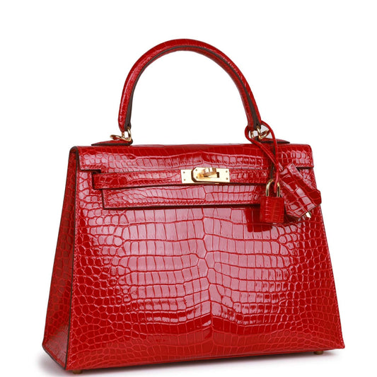 Luxury Hermes Kelly Sellier 25 Braise Shiny Porosus Crocodile Gold Hardware
