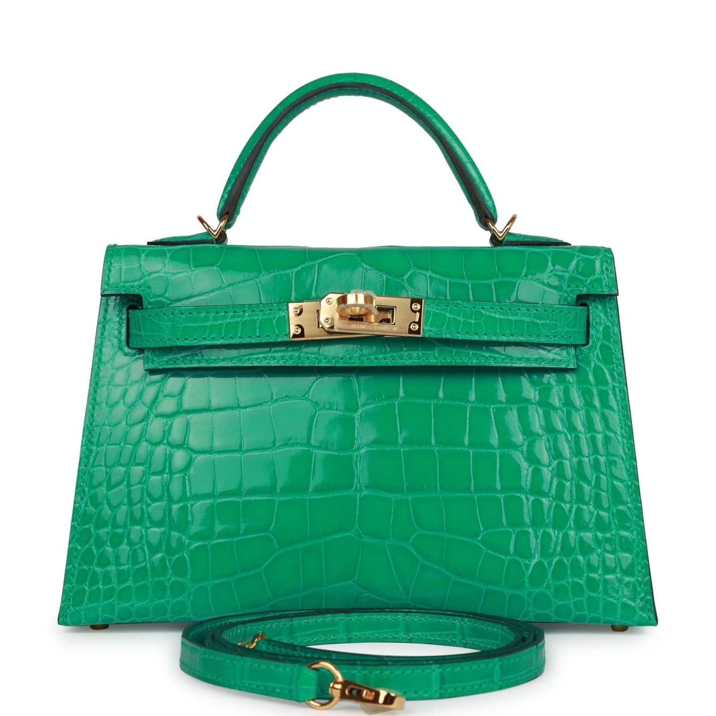 Luxury Hermes Kelly Sellier 20 Vert Jade Shiny Alligator Gold Hardware