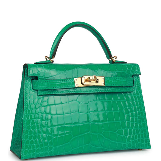 Luxury Hermes Kelly Sellier 20 Vert Jade Shiny Alligator Gold Hardware
