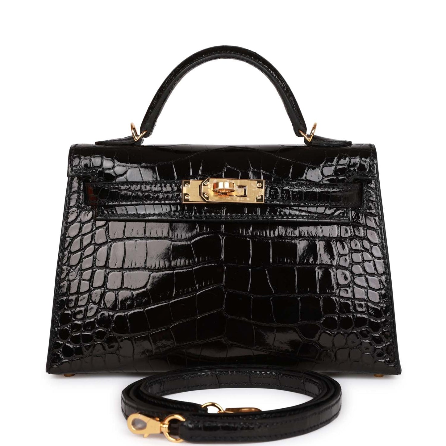 Luxury Hermes Kelly Sellier 20 Black Shiny Alligator Gold Hardware