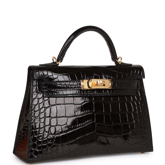 Luxury Hermes Kelly Sellier 20 Black Shiny Alligator Gold Hardware