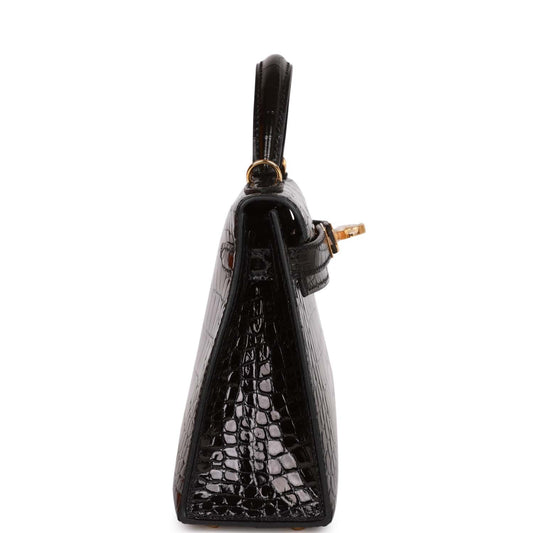 Luxury Hermes Kelly Sellier 20 Black Shiny Alligator Gold Hardware
