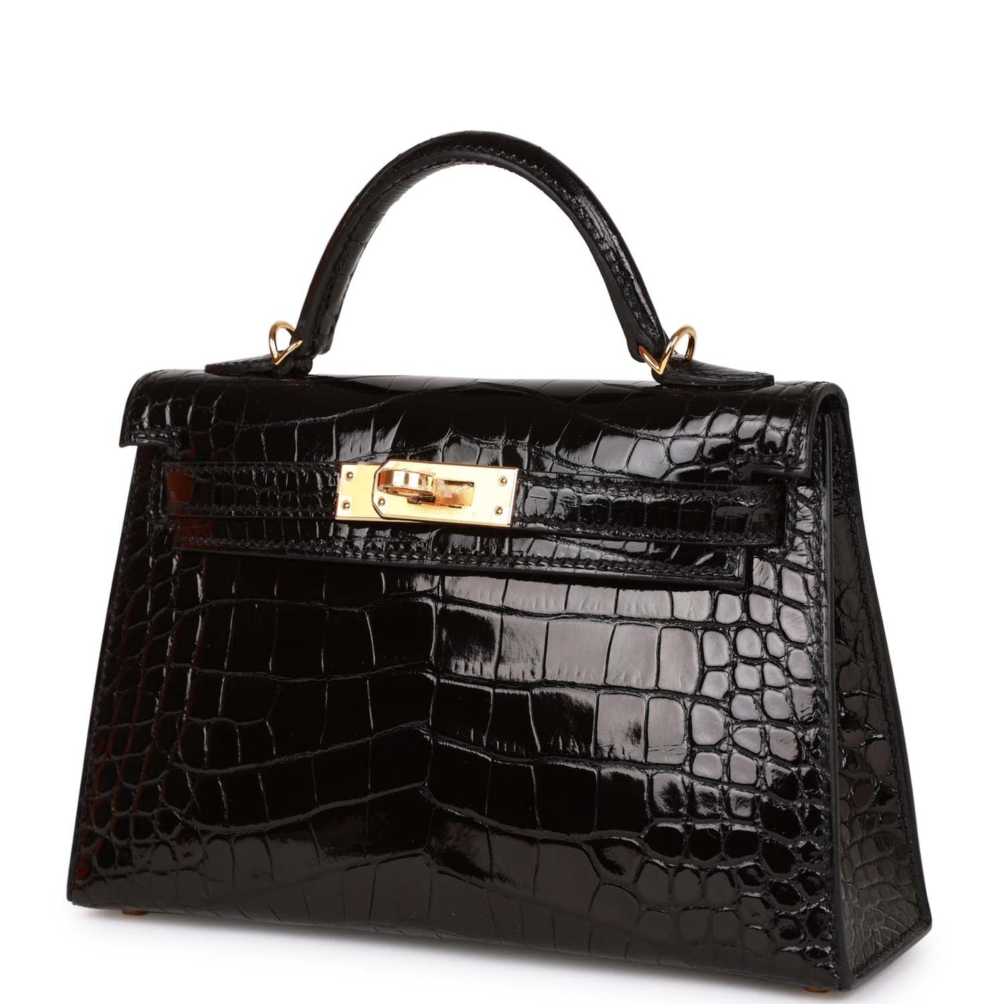 Luxury Hermes Kelly Sellier 20 Black Shiny Alligator Gold Hardware