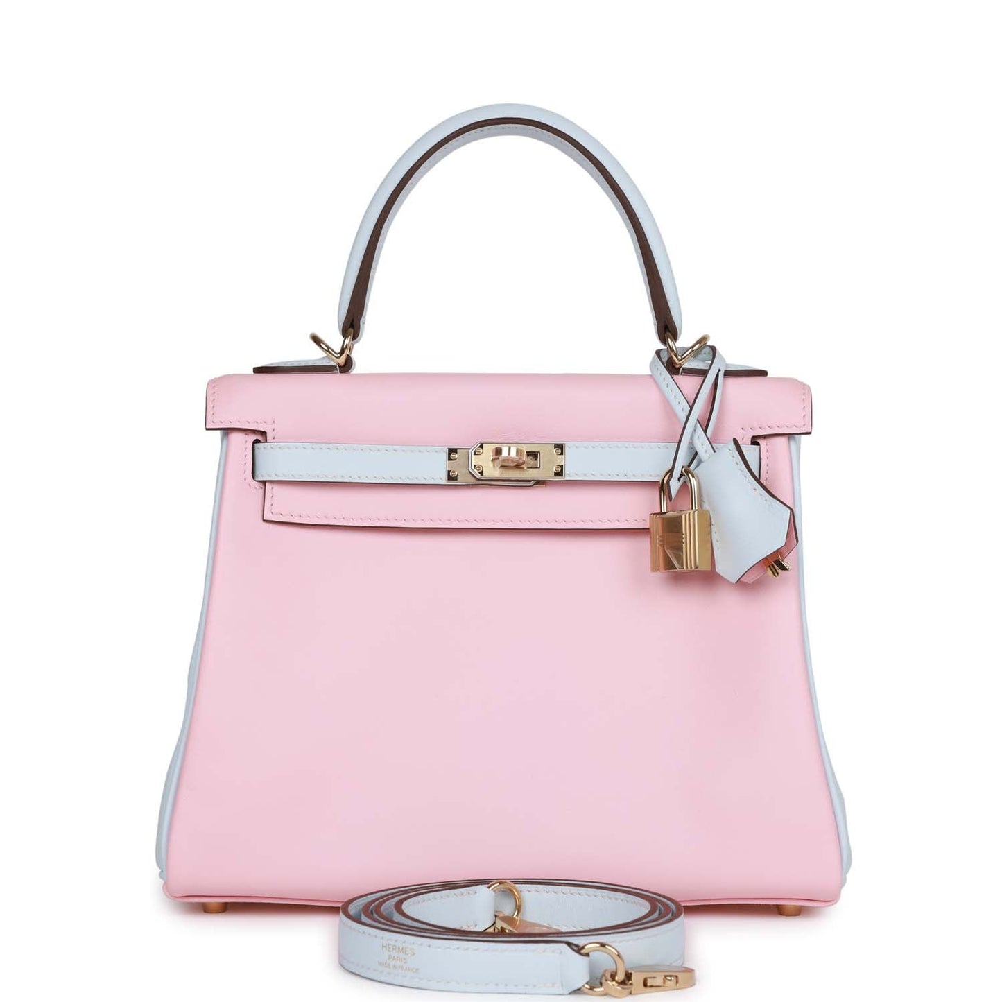 Luxury Hermes Special Order (HSS) Kelly Retourne 25 Rose Sakura and Bleu Brume Swift Permabrass Hardware