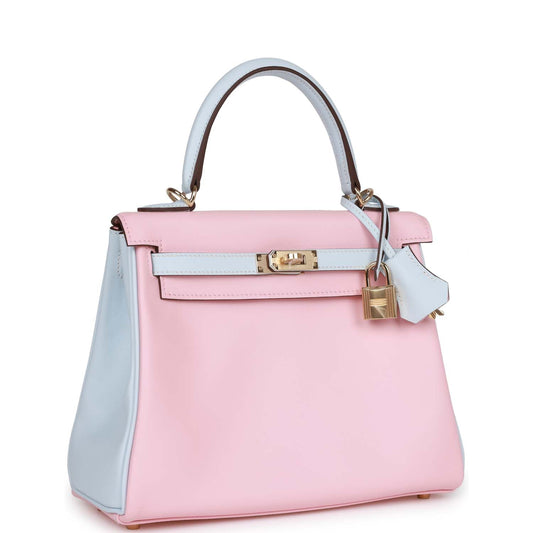 Luxury Hermes Special Order (HSS) Kelly Retourne 25 Rose Sakura and Bleu Brume Swift Permabrass Hardware