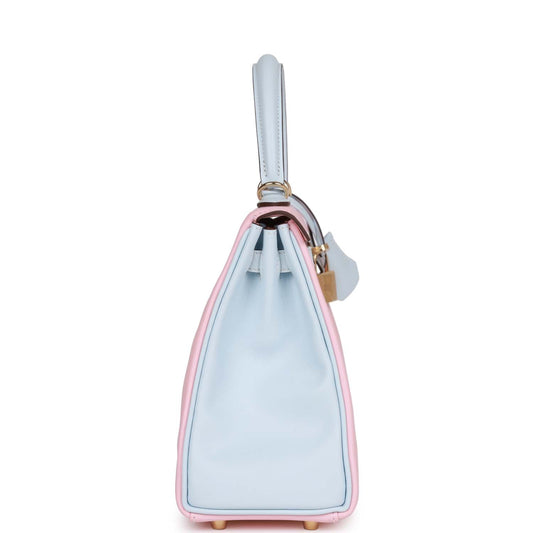 Luxury Hermes Special Order (HSS) Kelly Retourne 25 Rose Sakura and Bleu Brume Swift Permabrass Hardware
