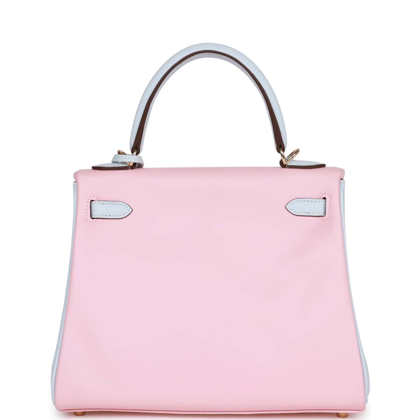 Luxury Hermes Special Order (HSS) Kelly Retourne 25 Rose Sakura and Bleu Brume Swift Permabrass Hardware