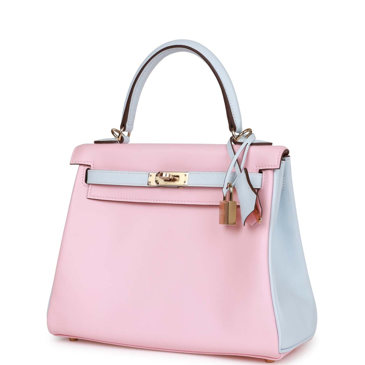 Luxury Hermes Special Order (HSS) Kelly Retourne 25 Rose Sakura and Bleu Brume Swift Permabrass Hardware