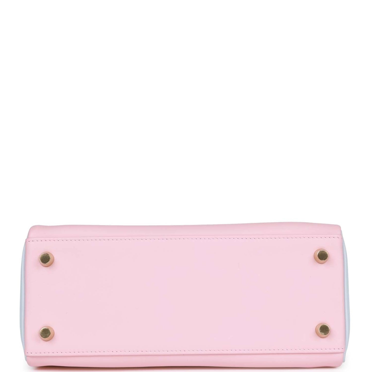 Luxury Hermes Special Order (HSS) Kelly Retourne 25 Rose Sakura and Bleu Brume Swift Permabrass Hardware