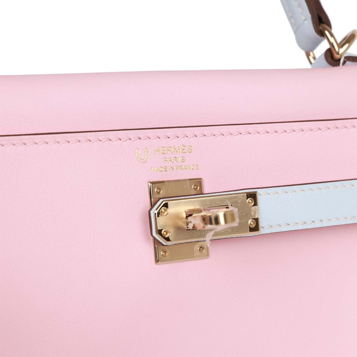 Luxury Hermes Special Order (HSS) Kelly Retourne 25 Rose Sakura and Bleu Brume Swift Permabrass Hardware