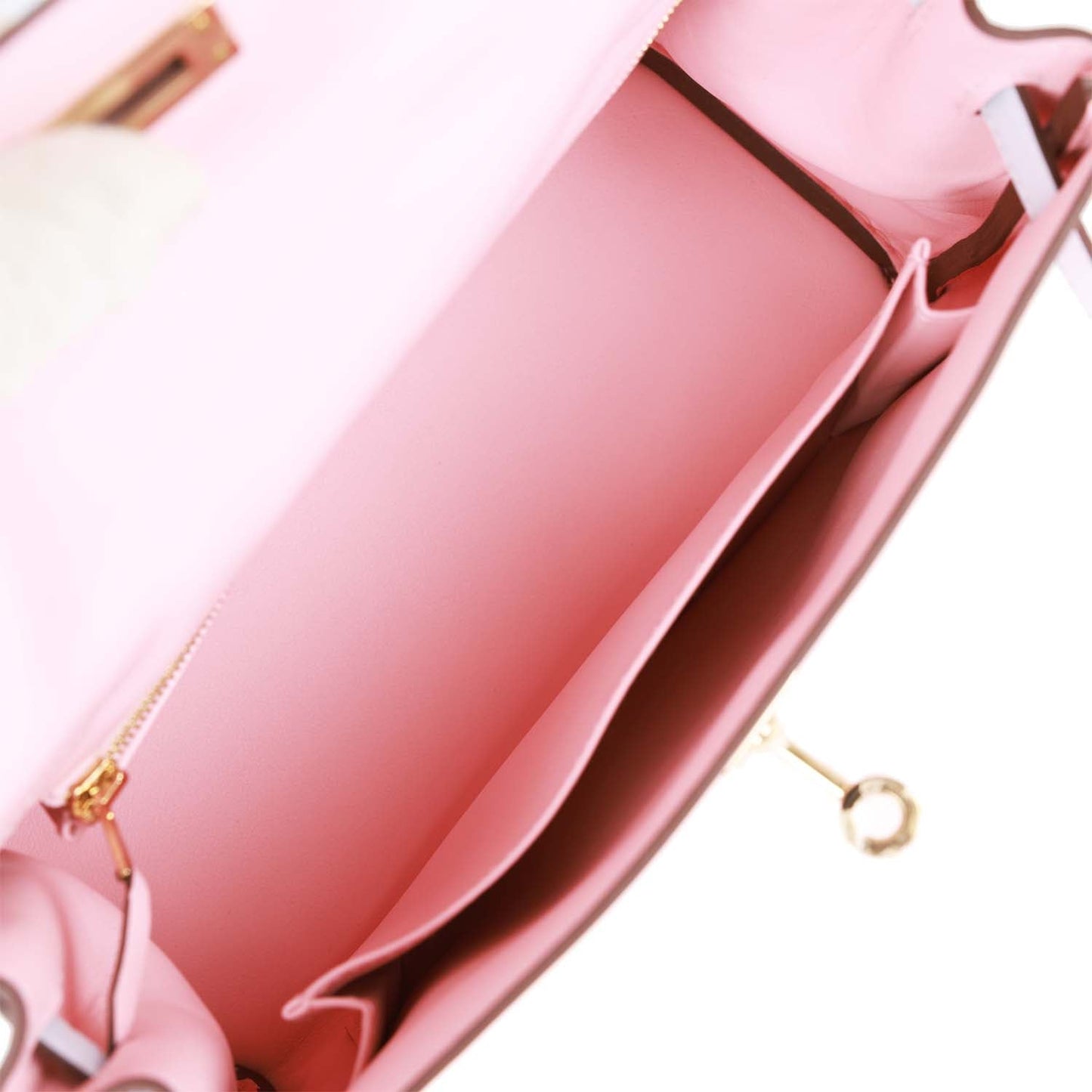 Luxury Hermes Special Order (HSS) Kelly Retourne 25 Rose Sakura and Bleu Brume Swift Permabrass Hardware