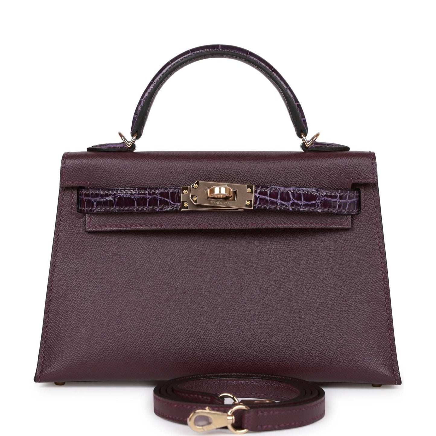 Luxury Hermes Kelly 20 Cassis and Amethyst Madame and Shiny Alligator Touch Permabrass Hardware