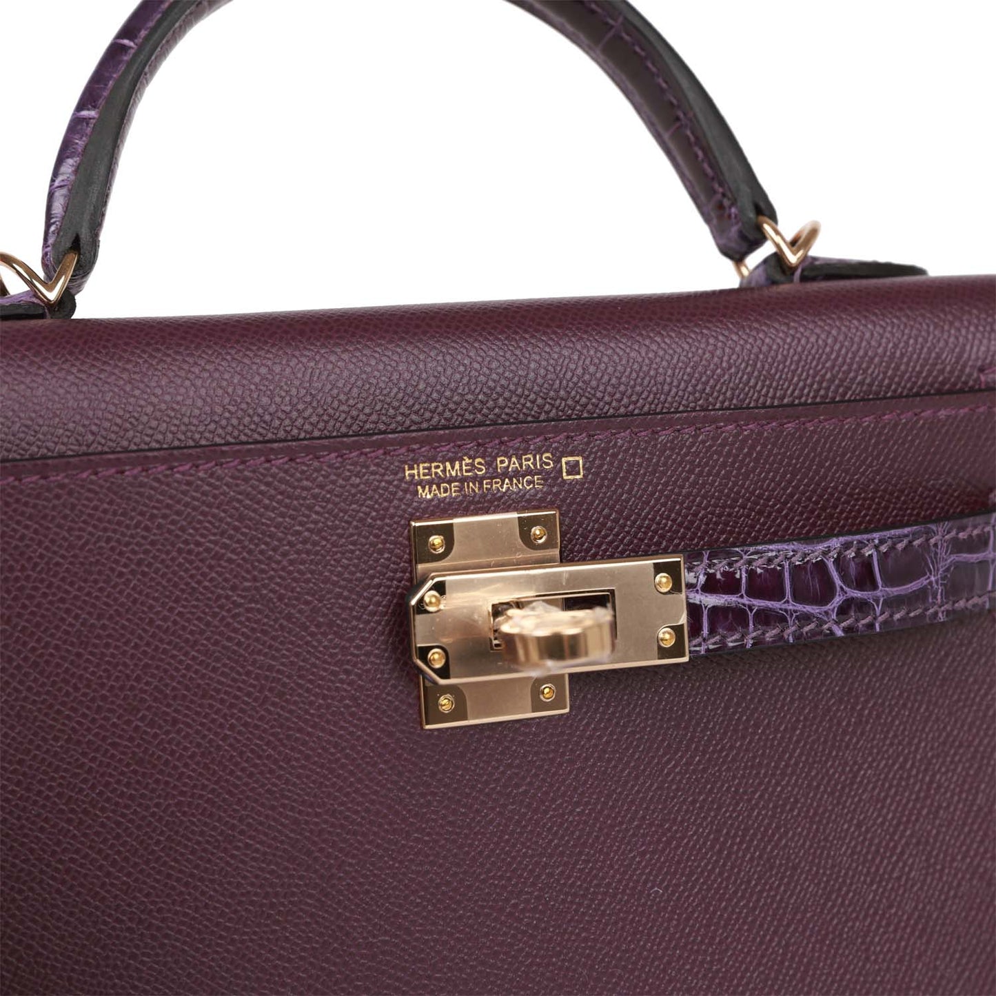 Luxury Hermes Kelly 20 Cassis and Amethyst Madame and Shiny Alligator Touch Permabrass Hardware