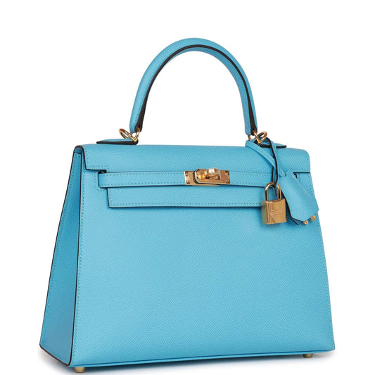 Luxury Hermes Kelly Sellier 25 Celeste Epsom Gold Hardware