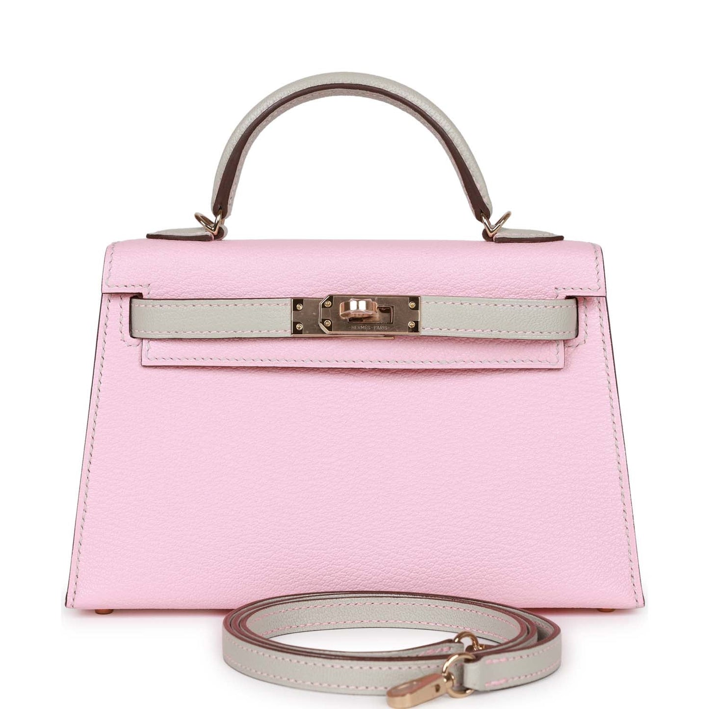 Luxury Hermes Special Order (HSS) Kelly 20 Rose Sakura and Gris Perle Chevre Mysore Permabrass