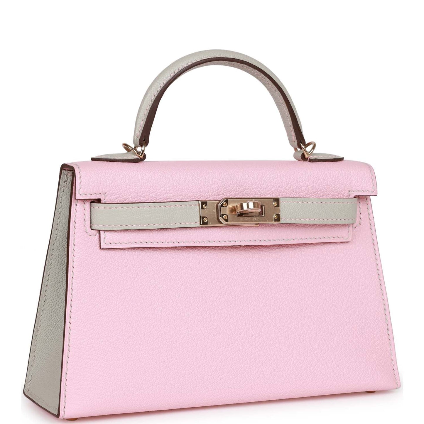 Luxury Hermes Special Order (HSS) Kelly 20 Rose Sakura and Gris Perle Chevre Mysore Permabrass