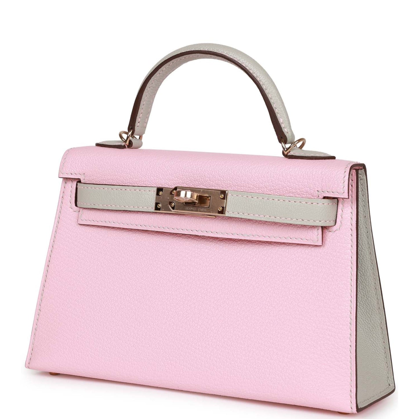 Luxury Hermes Special Order (HSS) Kelly 20 Rose Sakura and Gris Perle Chevre Mysore Permabrass