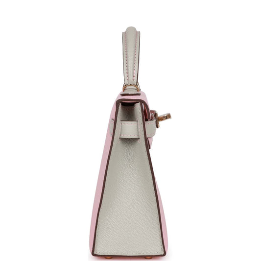 Luxury Hermes Special Order (HSS) Kelly 20 Rose Sakura and Gris Perle Chevre Mysore Permabrass