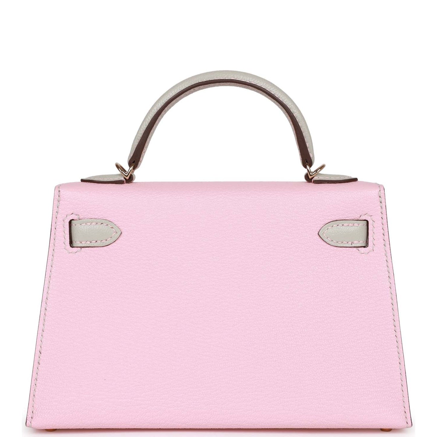 Luxury Hermes Special Order (HSS) Kelly 20 Rose Sakura and Gris Perle Chevre Mysore Permabrass