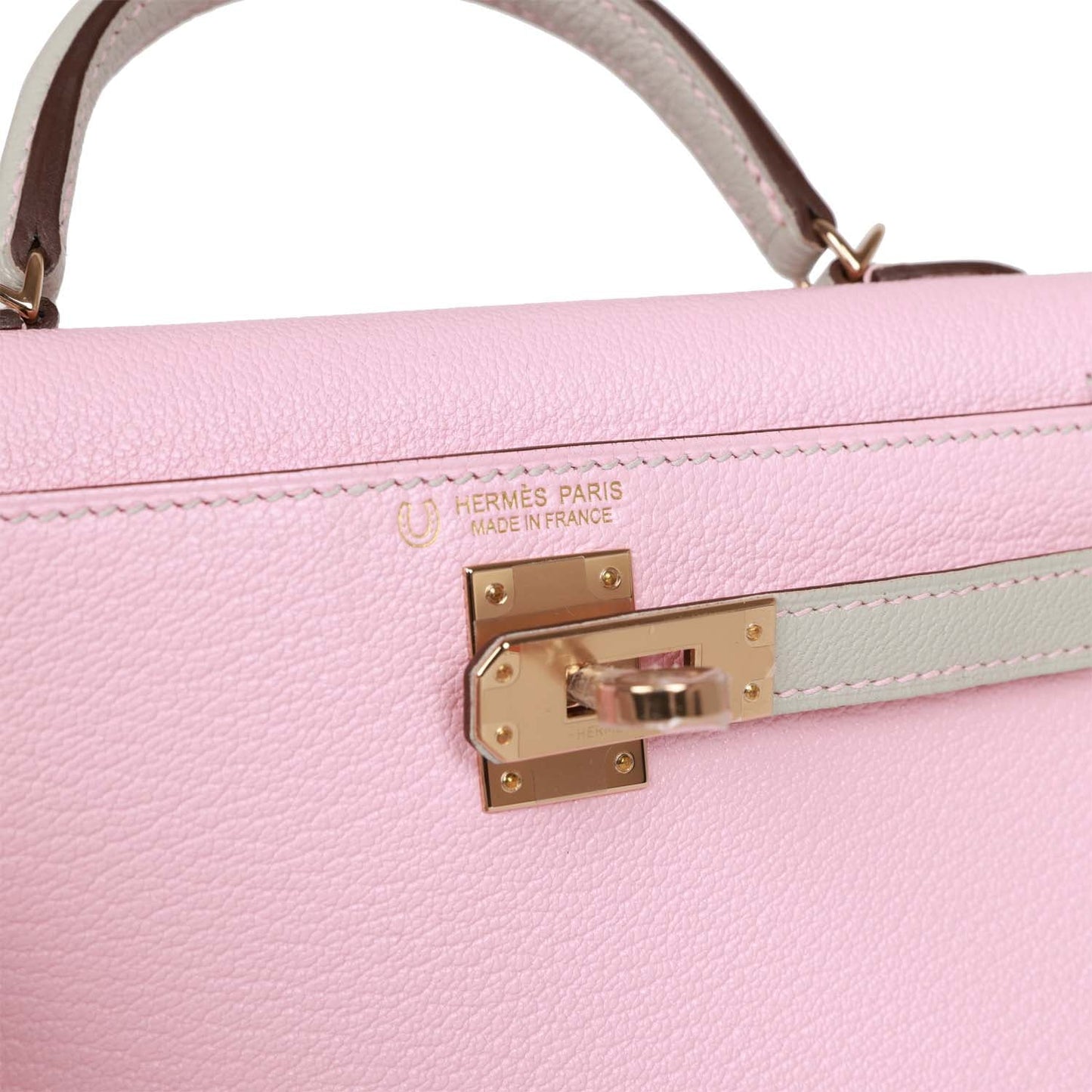 Luxury Hermes Special Order (HSS) Kelly 20 Rose Sakura and Gris Perle Chevre Mysore Permabrass