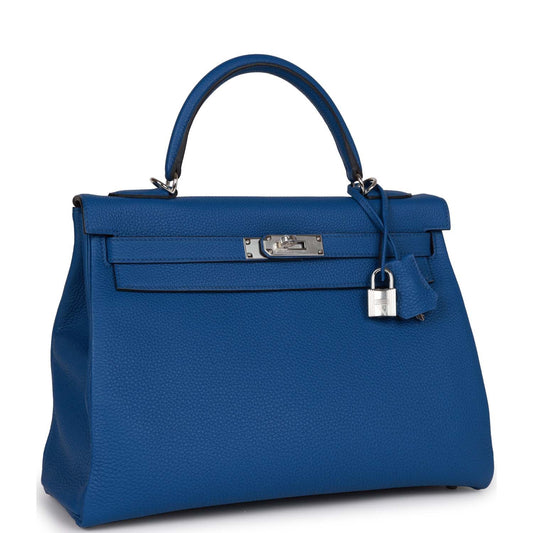 Luxury Hermes Kelly Retourne 32 Bleu France Togo Palladium Hardware