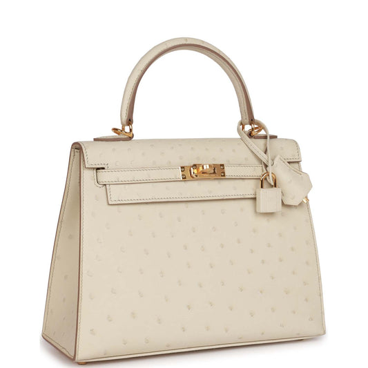 Luxury Hermes Kelly Sellier 25 Beton Ostrich Gold Hardware