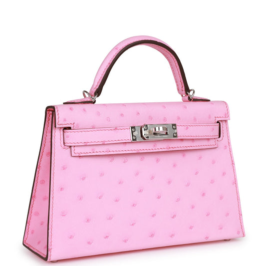 Luxury Hermes Kelly Sellier 20 Bubblegum Ostrich Palladium Hardware