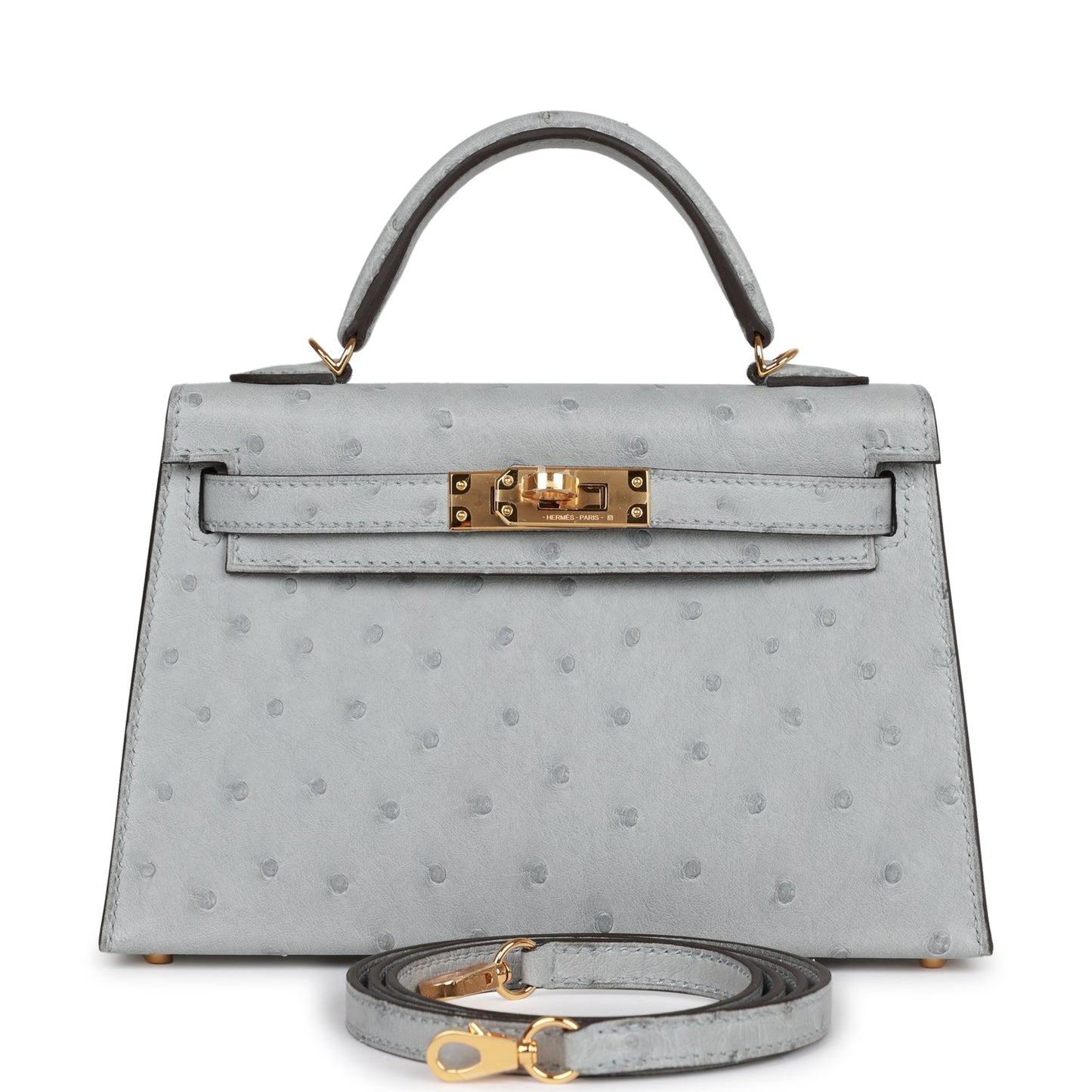 Luxury Hermes Kelly Sellier 20 Bleu Glacier Ostrich Gold Hardware
