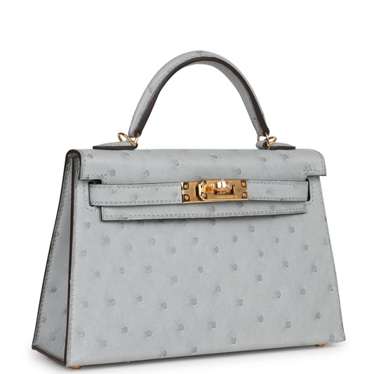 Luxury Hermes Kelly Sellier 20 Bleu Glacier Ostrich Gold Hardware
