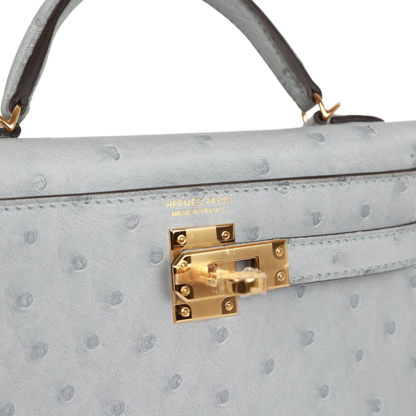 Luxury Hermes Kelly Sellier 20 Bleu Glacier Ostrich Gold Hardware