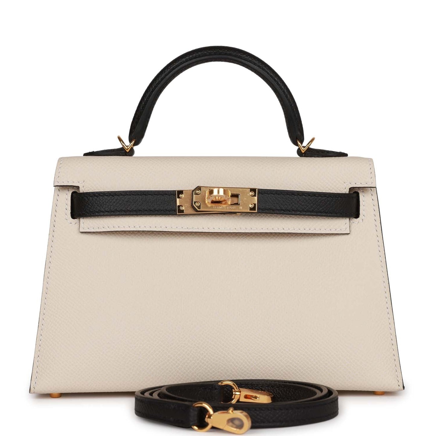 Luxury Hermes Special Order (HSS) Kelly Sellier 20 Craie and Black Epsom Gold Hardware