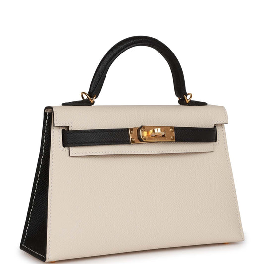 Luxury Hermes Special Order (HSS) Kelly Sellier 20 Craie and Black Epsom Gold Hardware