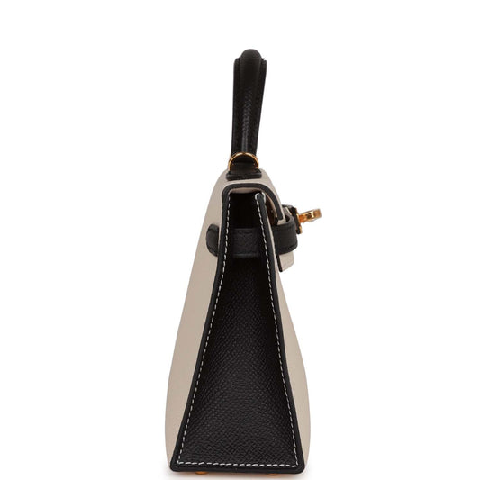 Luxury Hermes Special Order (HSS) Kelly Sellier 20 Craie and Black Epsom Gold Hardware
