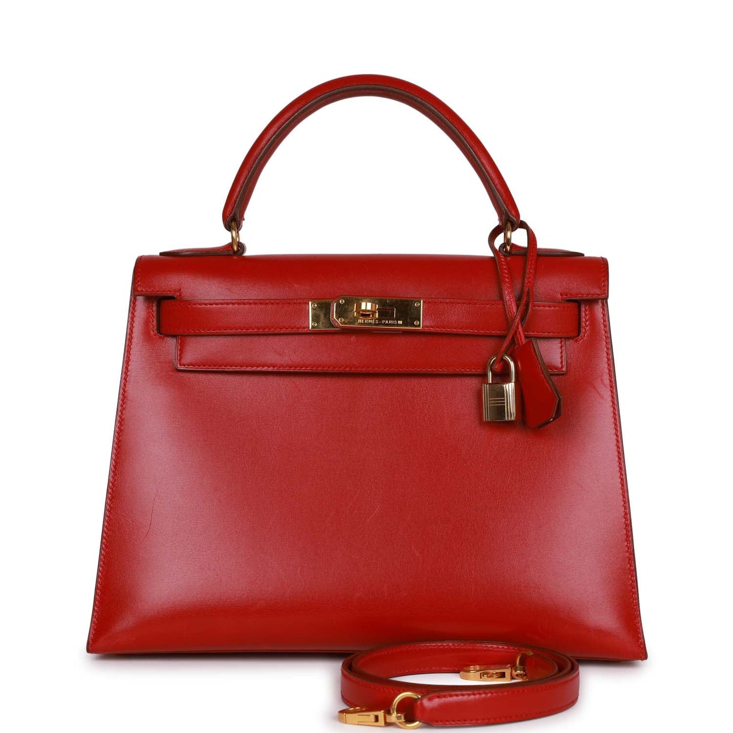 Vintage Luxury Hermes Kelly Sellier 28 Rouge Vif Box Gold Hardware
