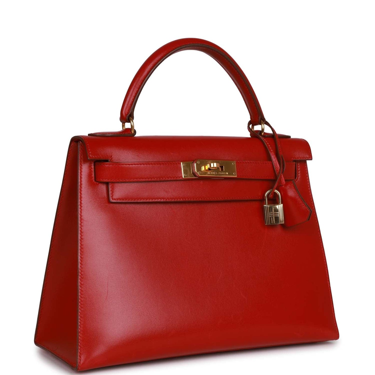 Vintage Luxury Hermes Kelly Sellier 28 Rouge Vif Box Gold Hardware