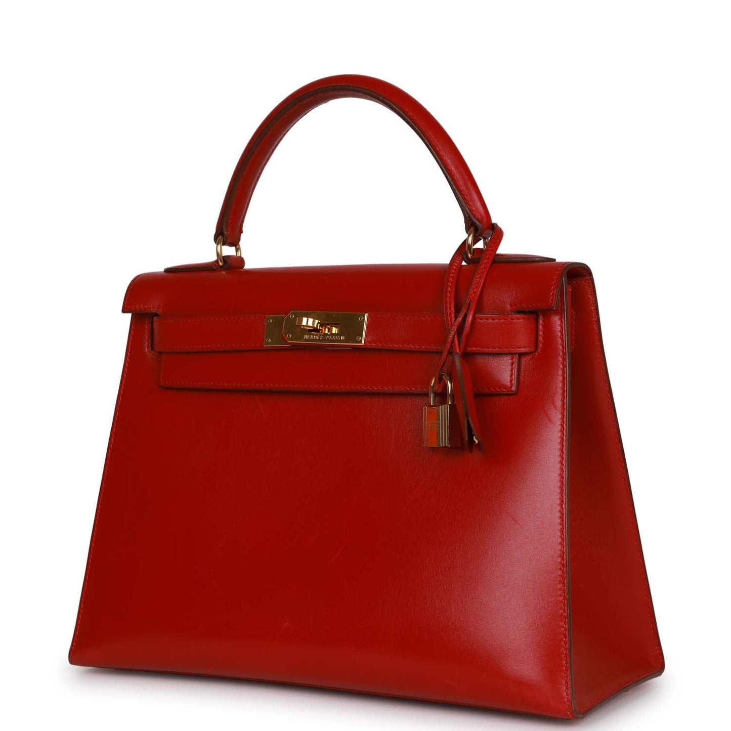 Vintage Luxury Hermes Kelly Sellier 28 Rouge Vif Box Gold Hardware