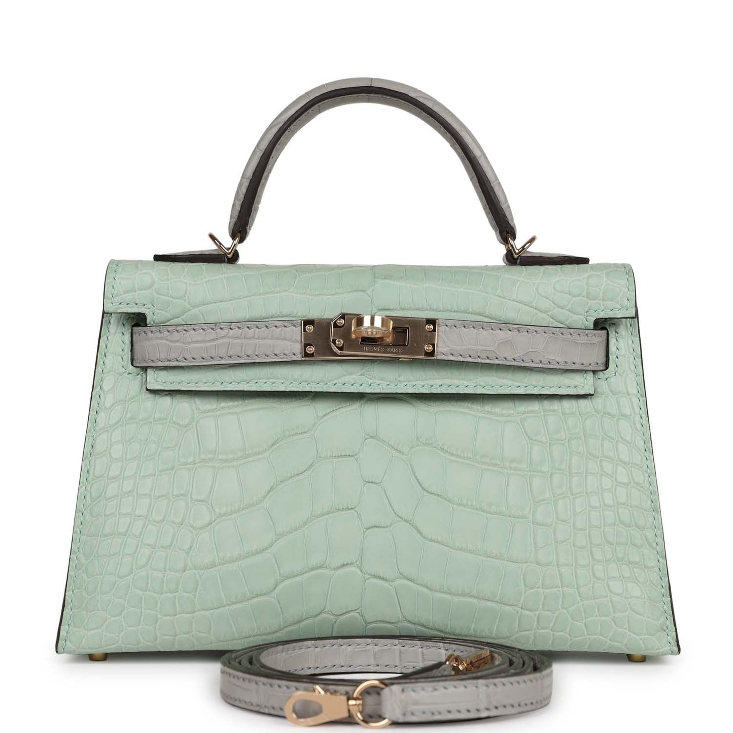 Luxury Hermes Special Order (HSS) Kelly Sellier 20 Vert D'Eau and Gris Perle Matte Alligator Permabrass Hardware